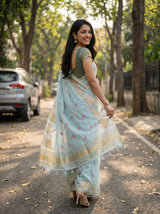 MIMOSA Ananda Banarasi Art Silk Saree — Close-up of model's face