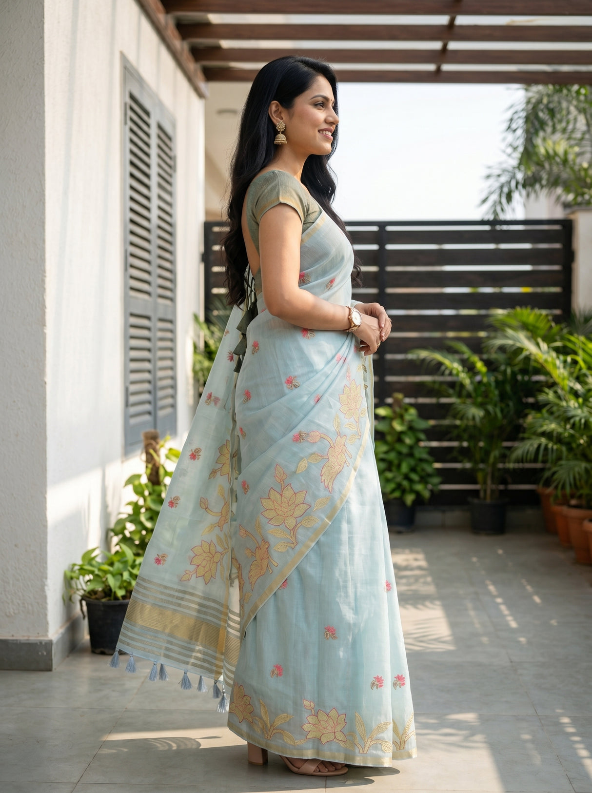 MIMOSA Ananda Banarasi Art Silk Saree — Close-up of upper body