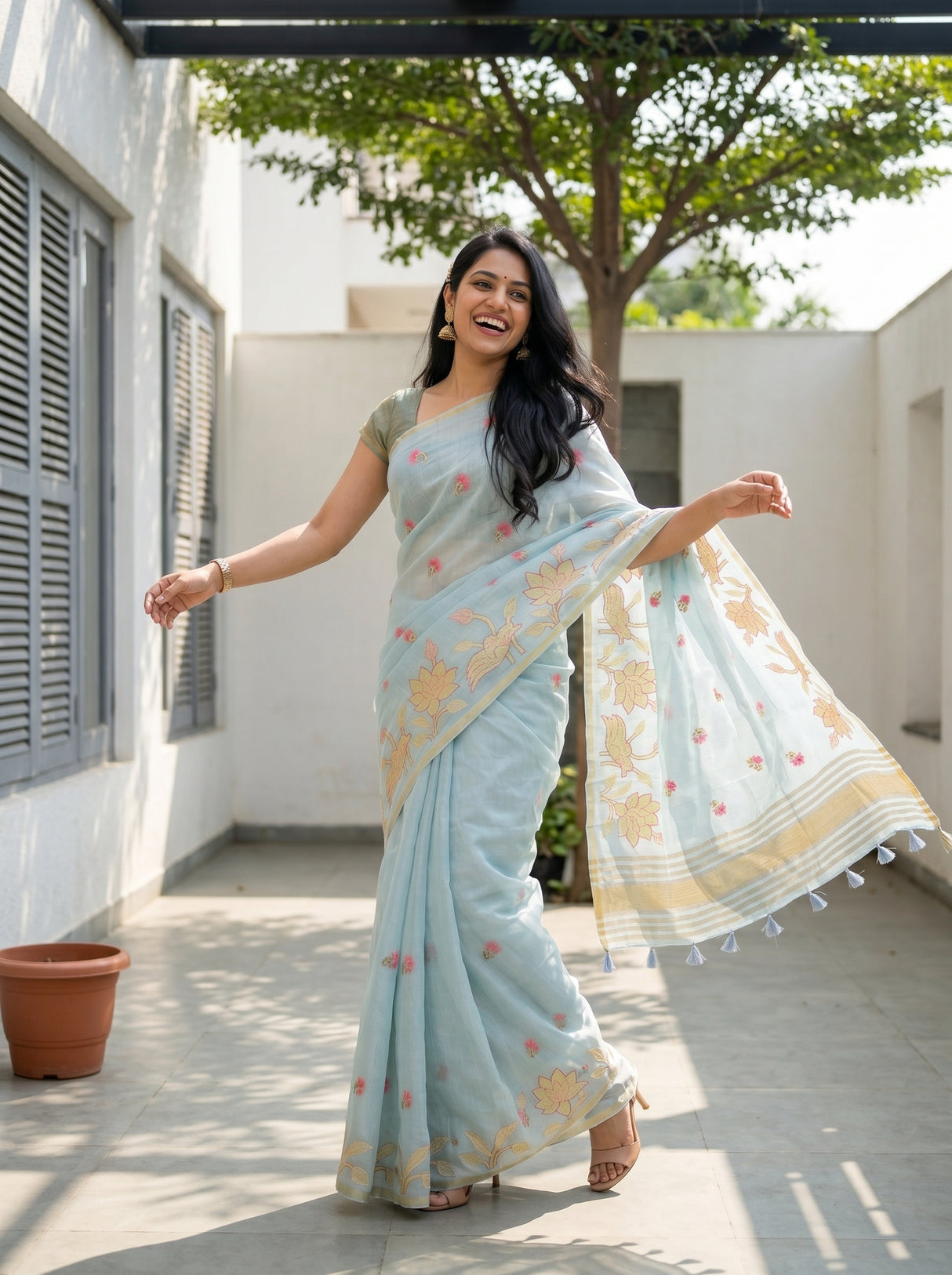 MIMOSA Ananda Banarasi Art Silk Saree — Close-up of lower body and feet