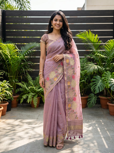 MIMOSA Pink Banarasi Art Silk Saree — Model lifestyle pose