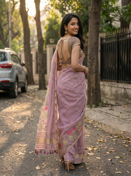 MIMOSA Pink Banarasi Art Silk Saree — Close-up of model's face