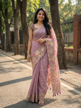 MIMOSA Pink Banarasi Art Silk Saree — Close-up of lower body and feet
