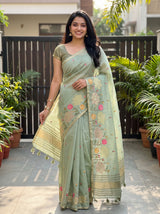 MIMOSA Pista Banarasi Art Silk Saree — Model lifestyle pose