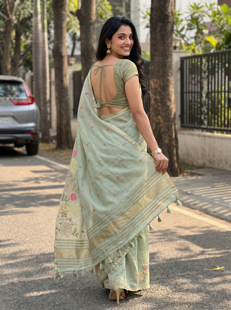 MIMOSA Pista Banarasi Art Silk Saree — Close-up of model's face