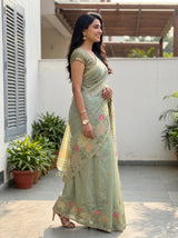 MIMOSA Pista Banarasi Art Silk Saree — Close-up of upper body