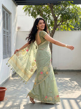 MIMOSA Pista Banarasi Art Silk Saree — Close-up of lower body and feet