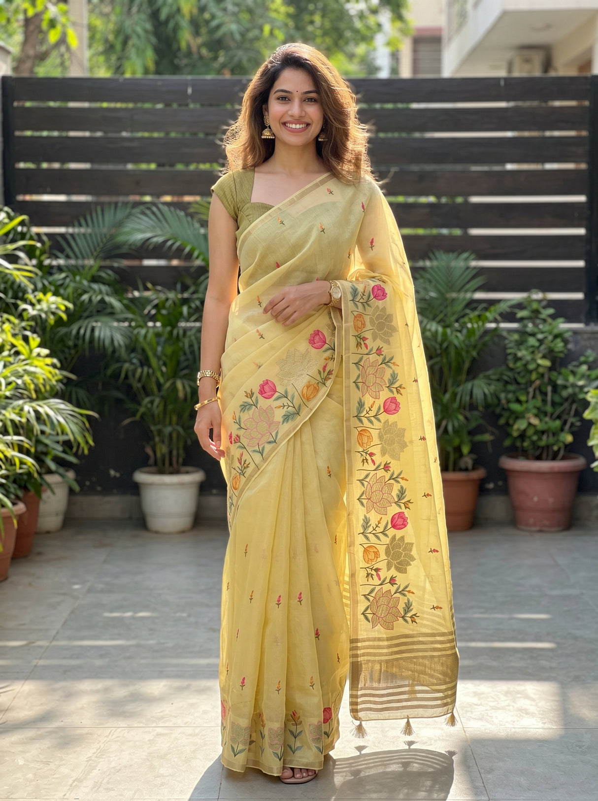 MIMOSA Yellow Banarasi Art Silk Saree — Model lifestyle pose