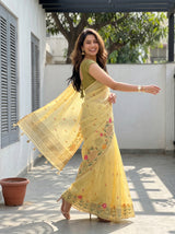 MIMOSA Yellow Banarasi Art Silk Saree — Close-up of lower body and feet