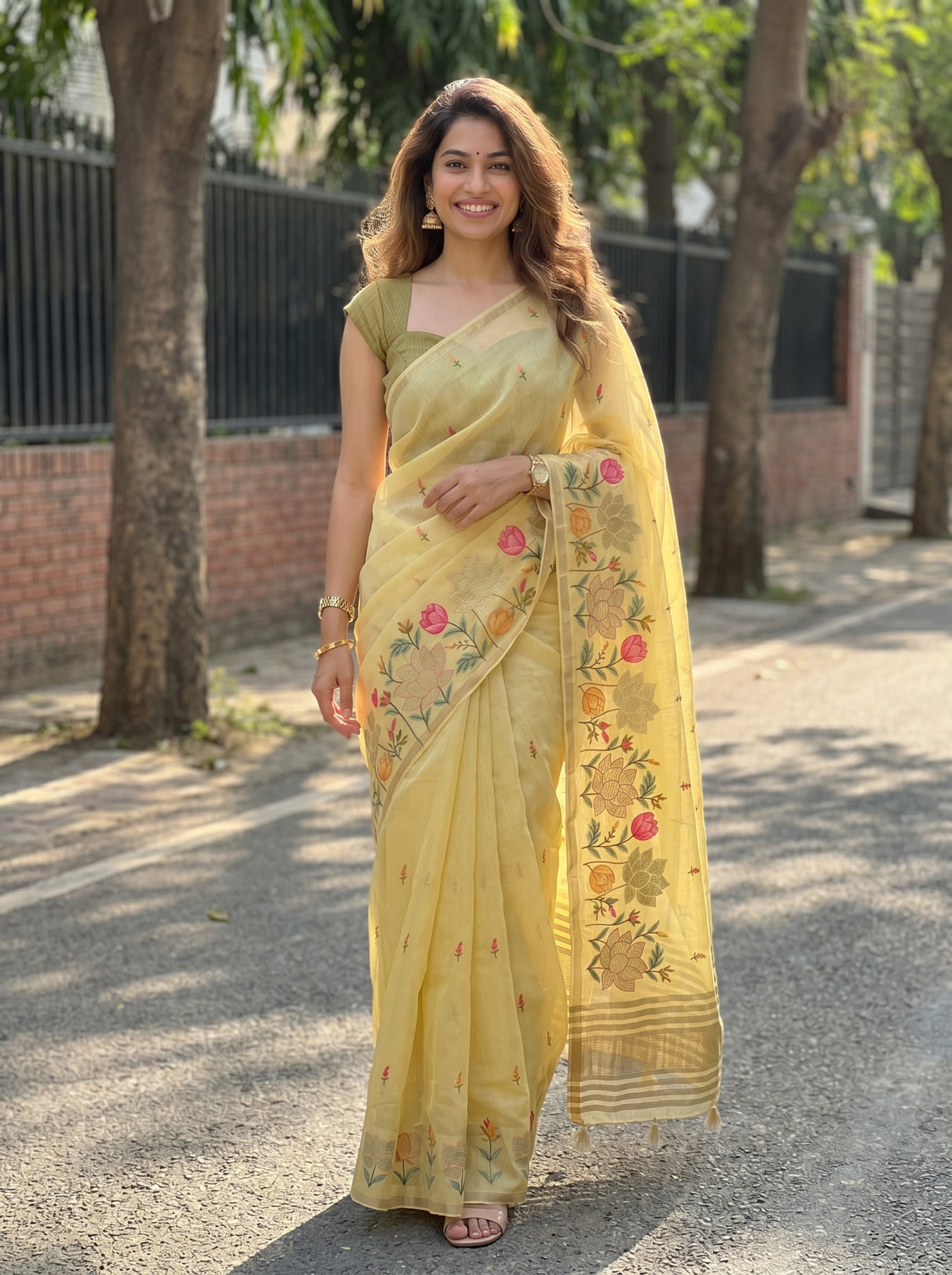 MIMOSA Yellow Banarasi Saree — pose 6 styling detail