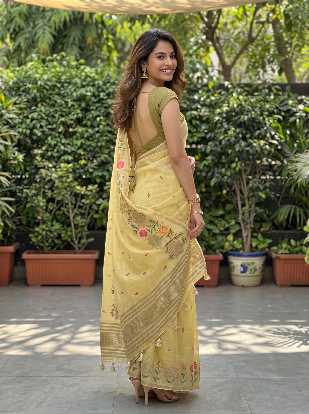 MIMOSA Yellow Banarasi Saree — pose 7 styling detail