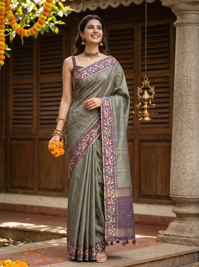 MIMOSA Bottle Green Banarasi Art Silk Saree — front view on mannequin
