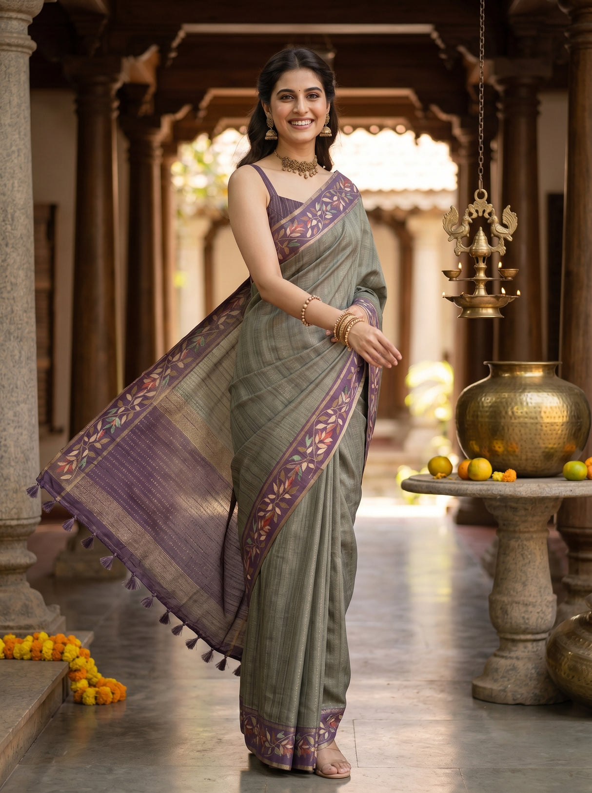MIMOSA Bottle Green Banarasi Art Silk Saree — pose 5 styling detail