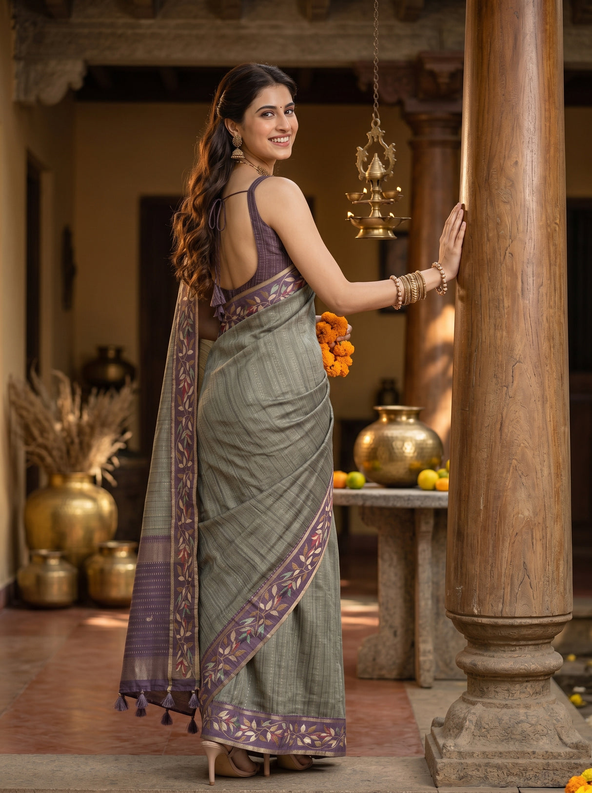 MIMOSA Bottle Green Banarasi Art Silk Saree — pose 7 styling detail