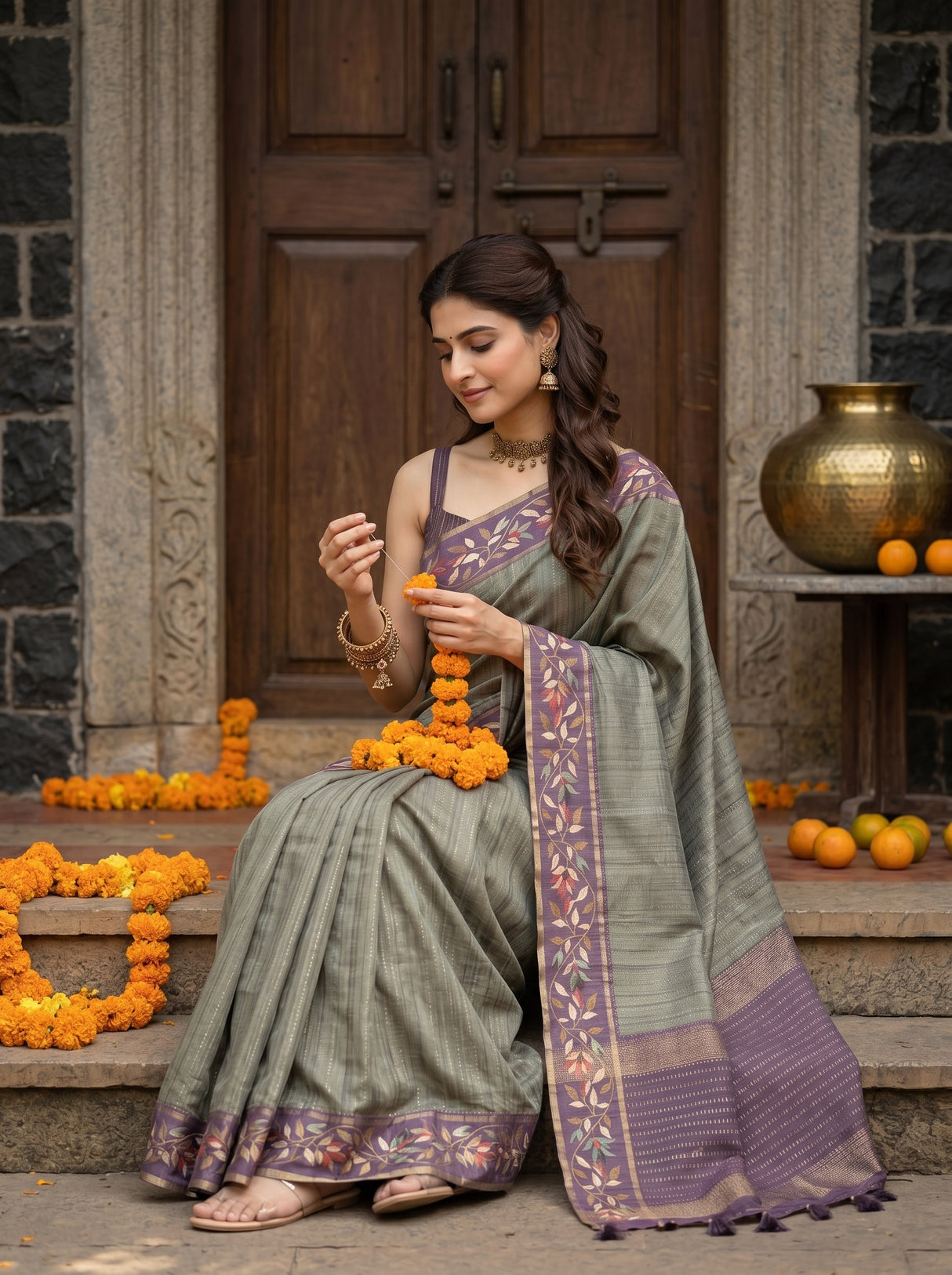 MIMOSA Bottle Green Banarasi Art Silk Saree — pose 8 styling detail