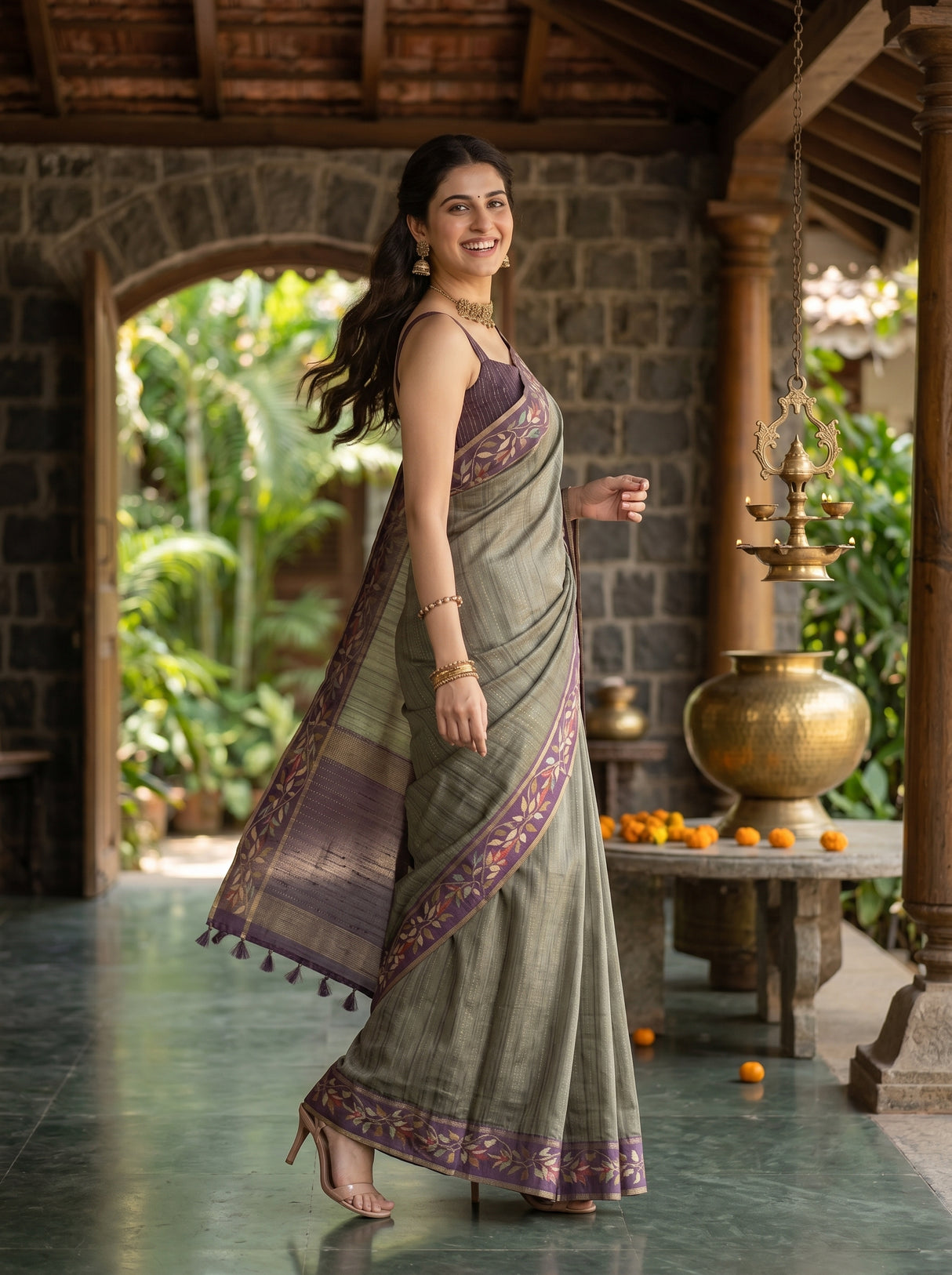MIMOSA Bottle Green Banarasi Art Silk Saree — pose 9 styling detail