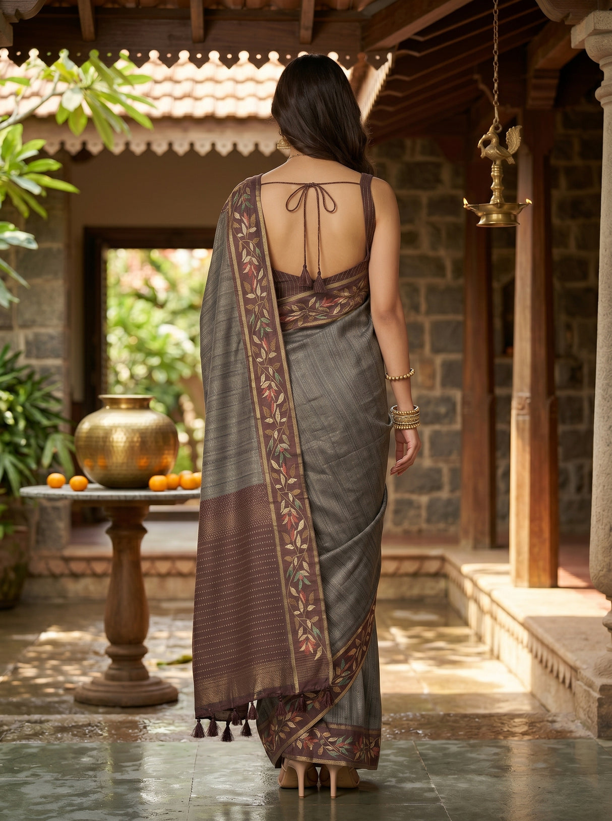 MIMOSA Chocolate Banarasi Art Silk Saree — pose 2 styling detail