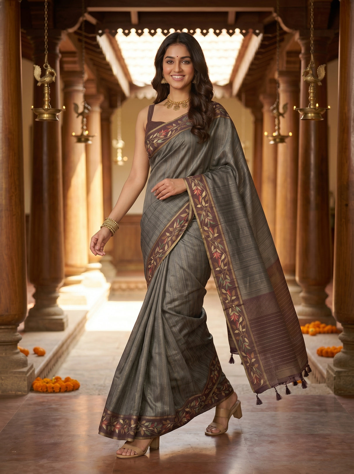 MIMOSA Chocolate Banarasi Art Silk Saree — pose 6 styling detail