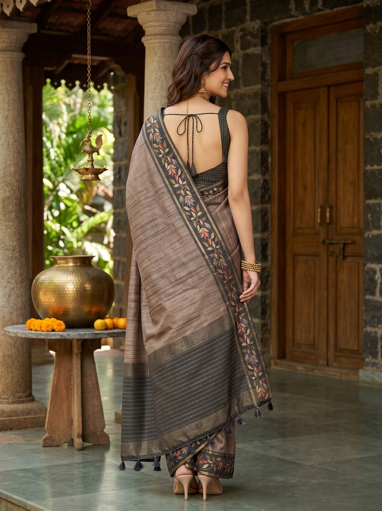 MIMOSA Grey Banarasi Art Silk Saree — pose 2 styling detail