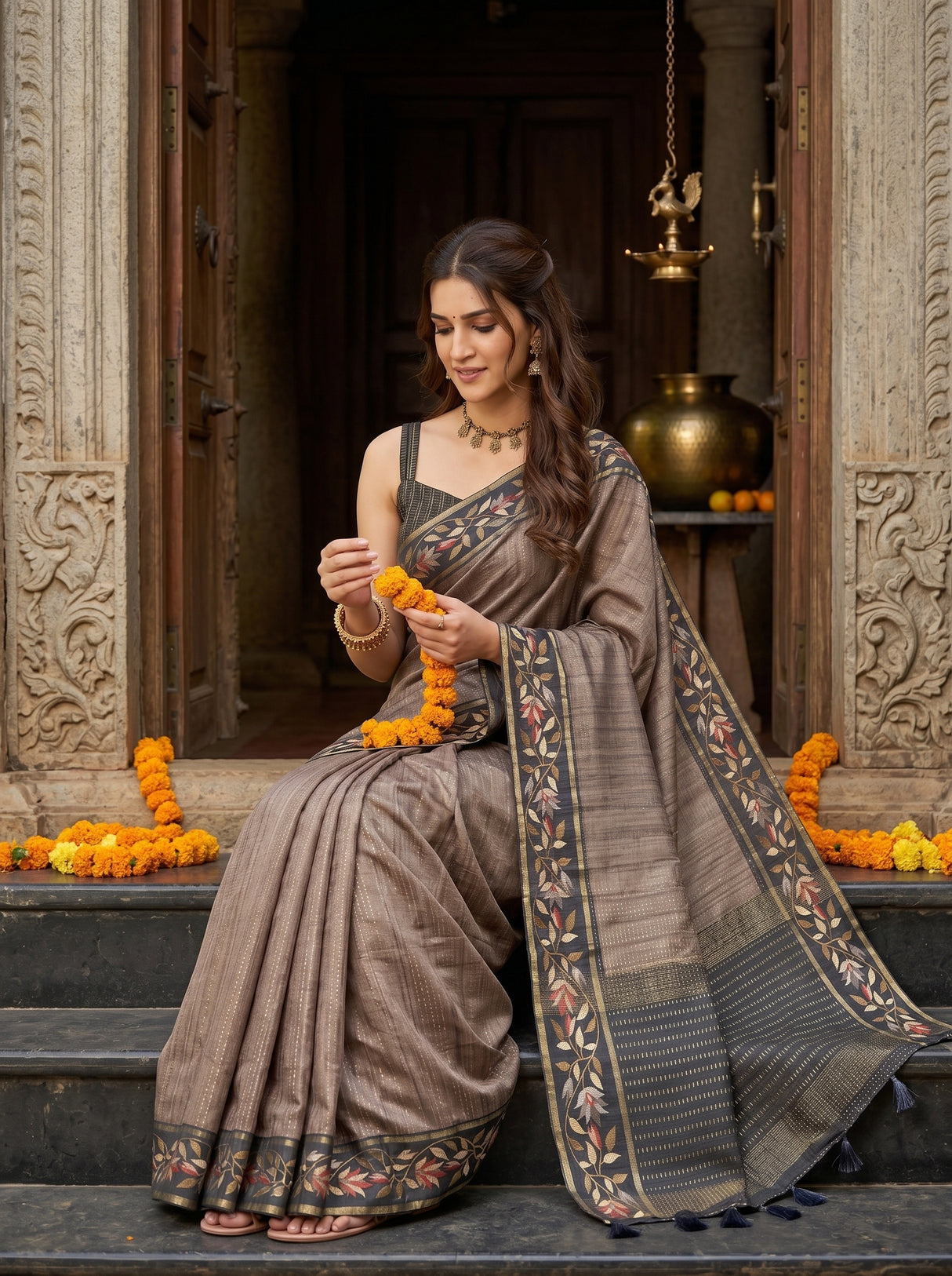 MIMOSA Grey Banarasi Art Silk Saree — pose 8 styling detail