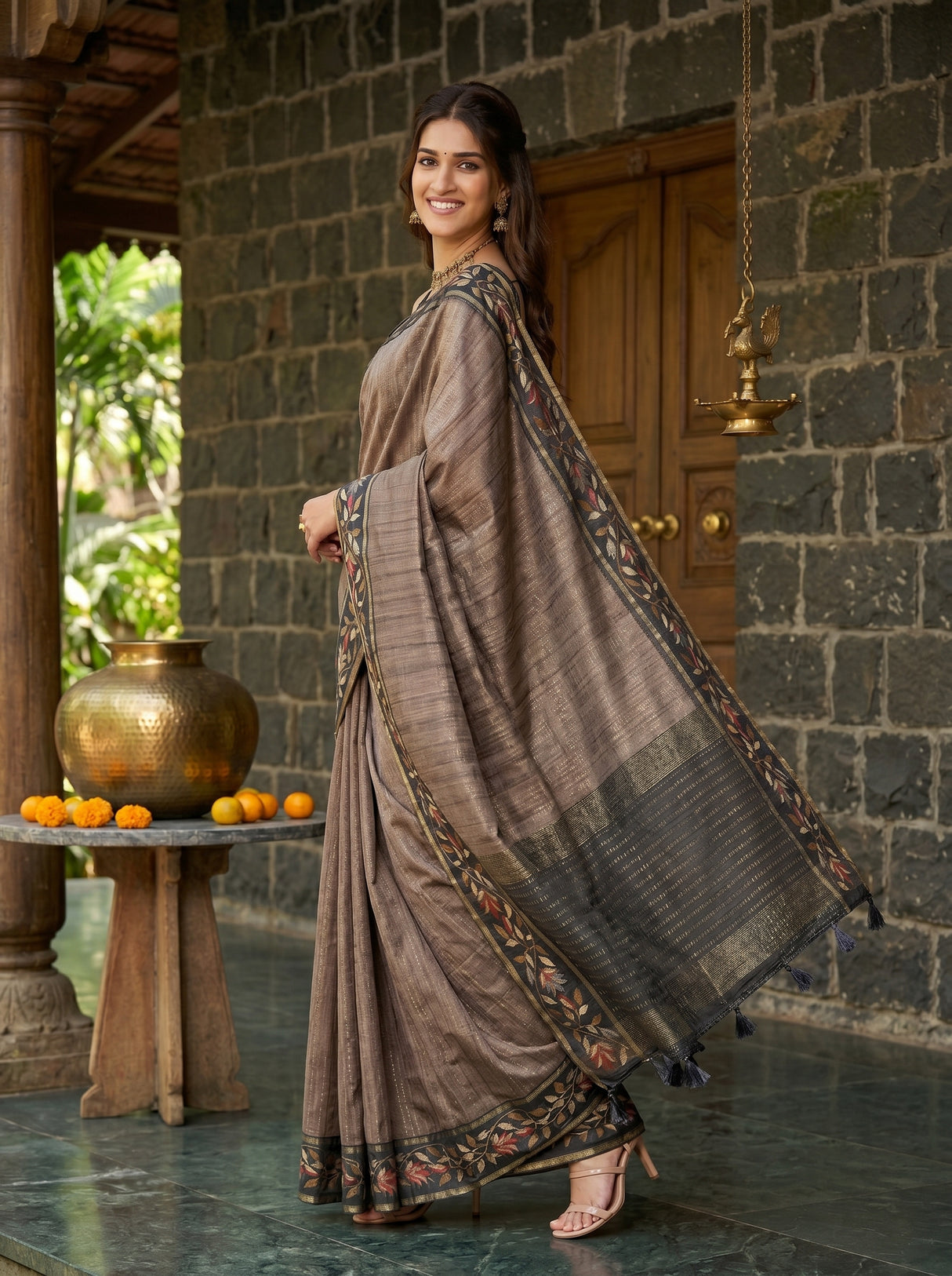 MIMOSA Grey Banarasi Art Silk Saree — pose 9 styling detail