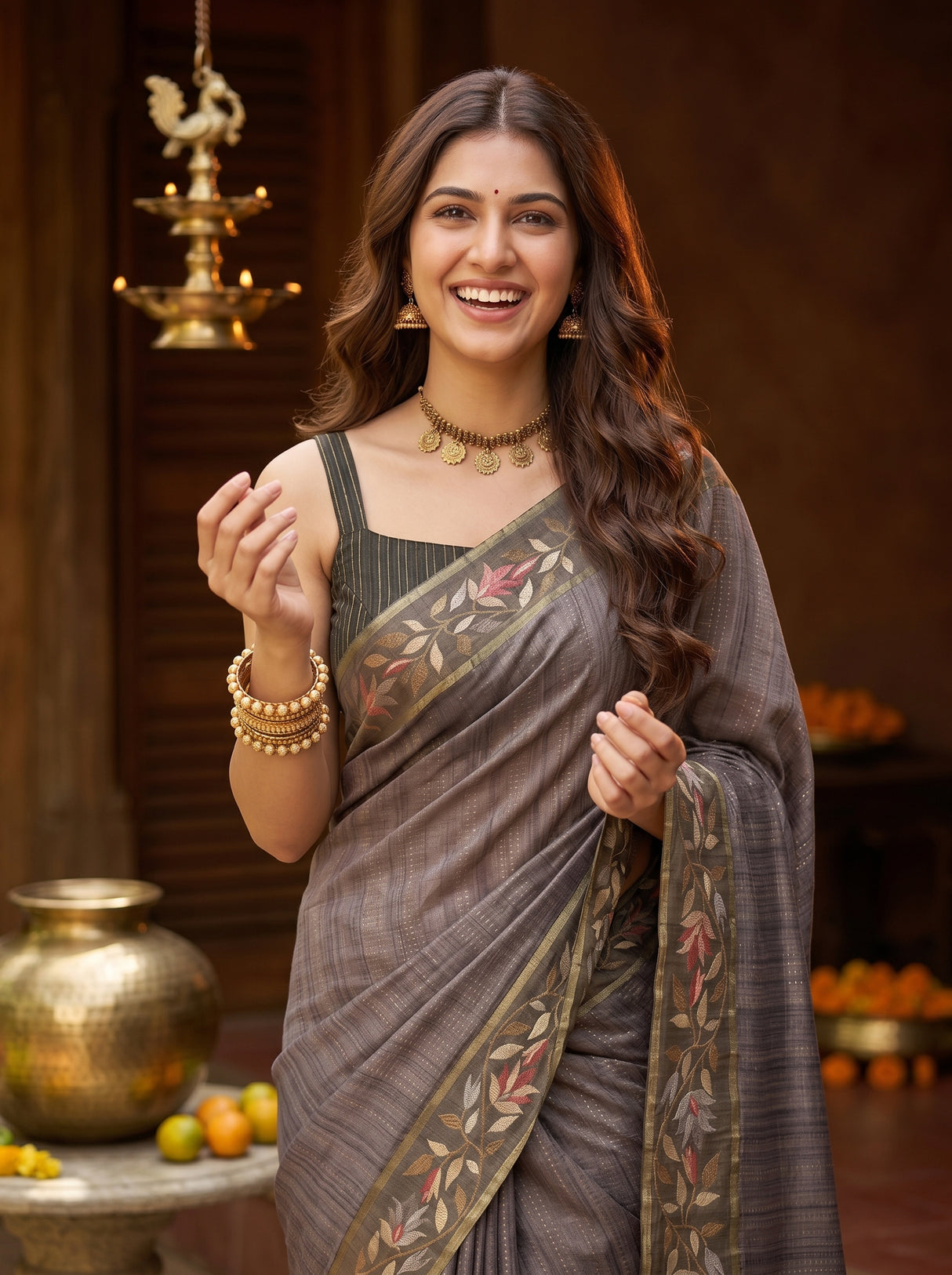 MIMOSA Olive Banarasi Art Silk Saree — pose 10 styling detail