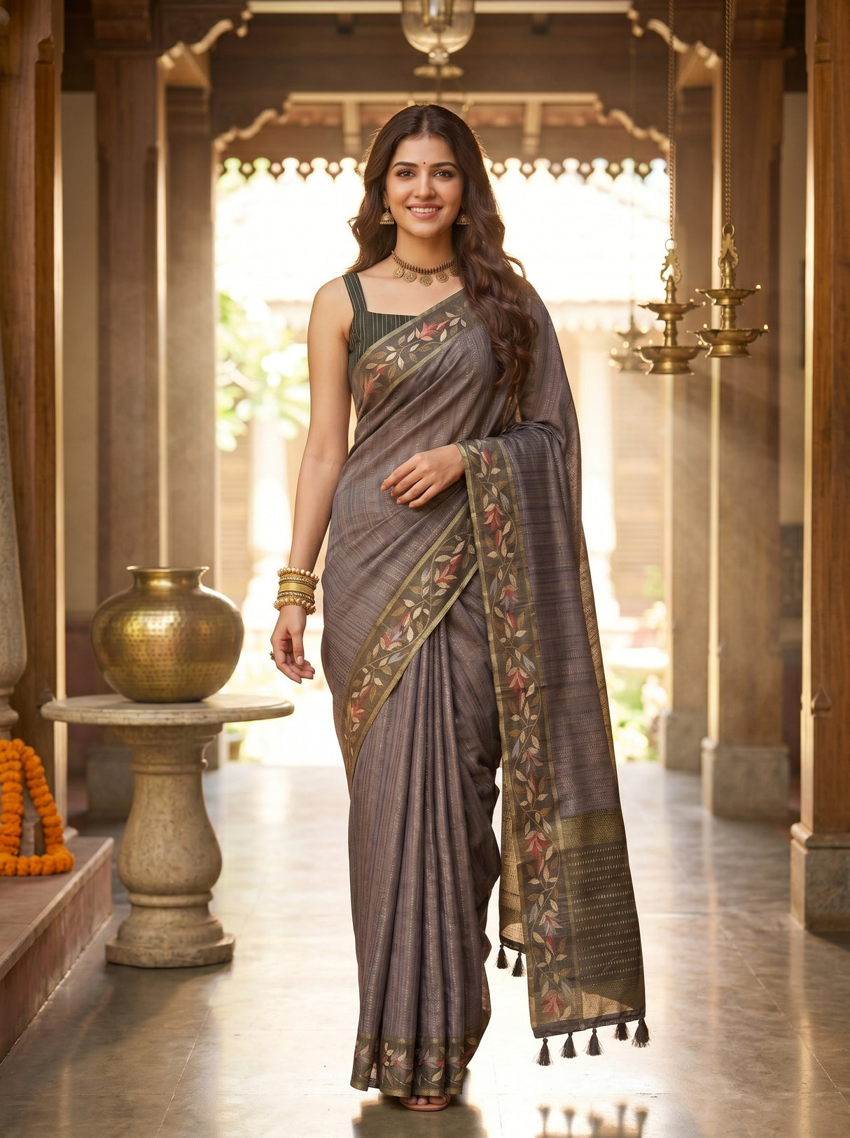 MIMOSA Olive Banarasi Art Silk Saree — pose 6 styling detail