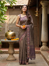 MIMOSA Wine Banarasi Art Silk Saree — front view on mannequin