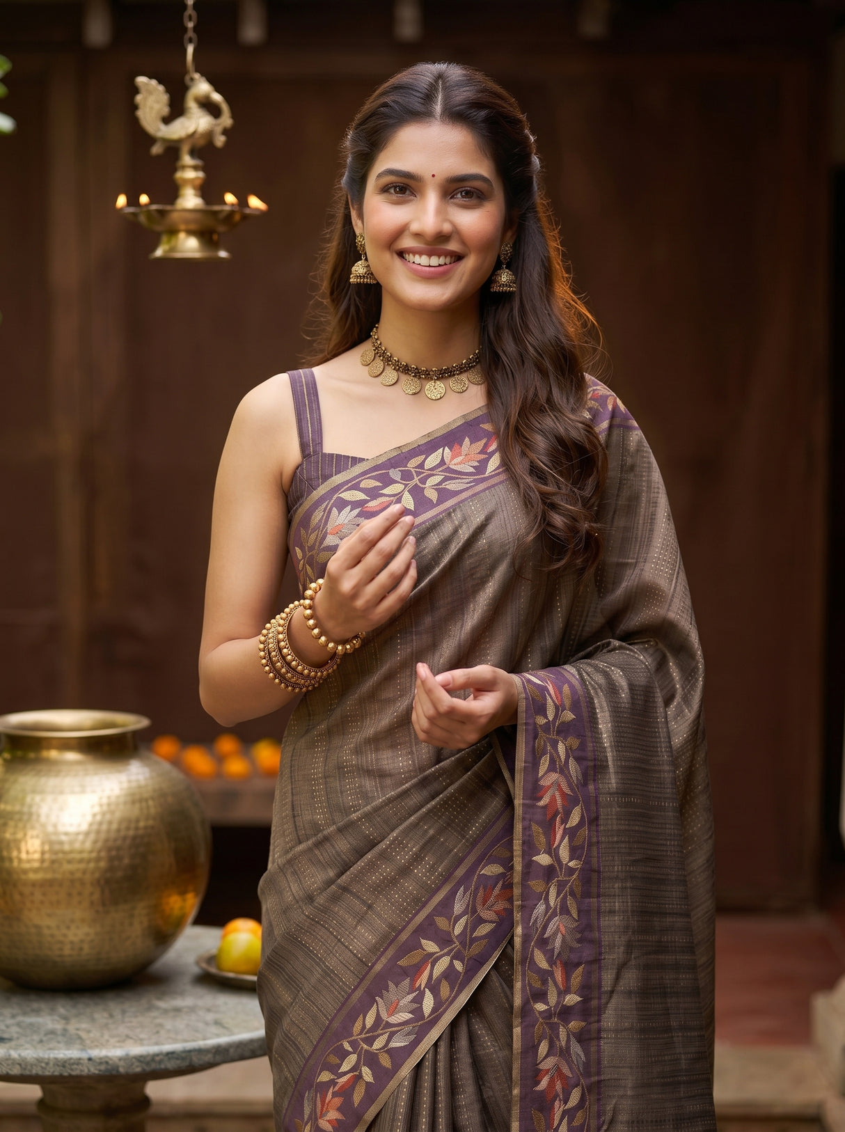MIMOSA Wine Banarasi Art Silk Saree — pose 10 styling detail
