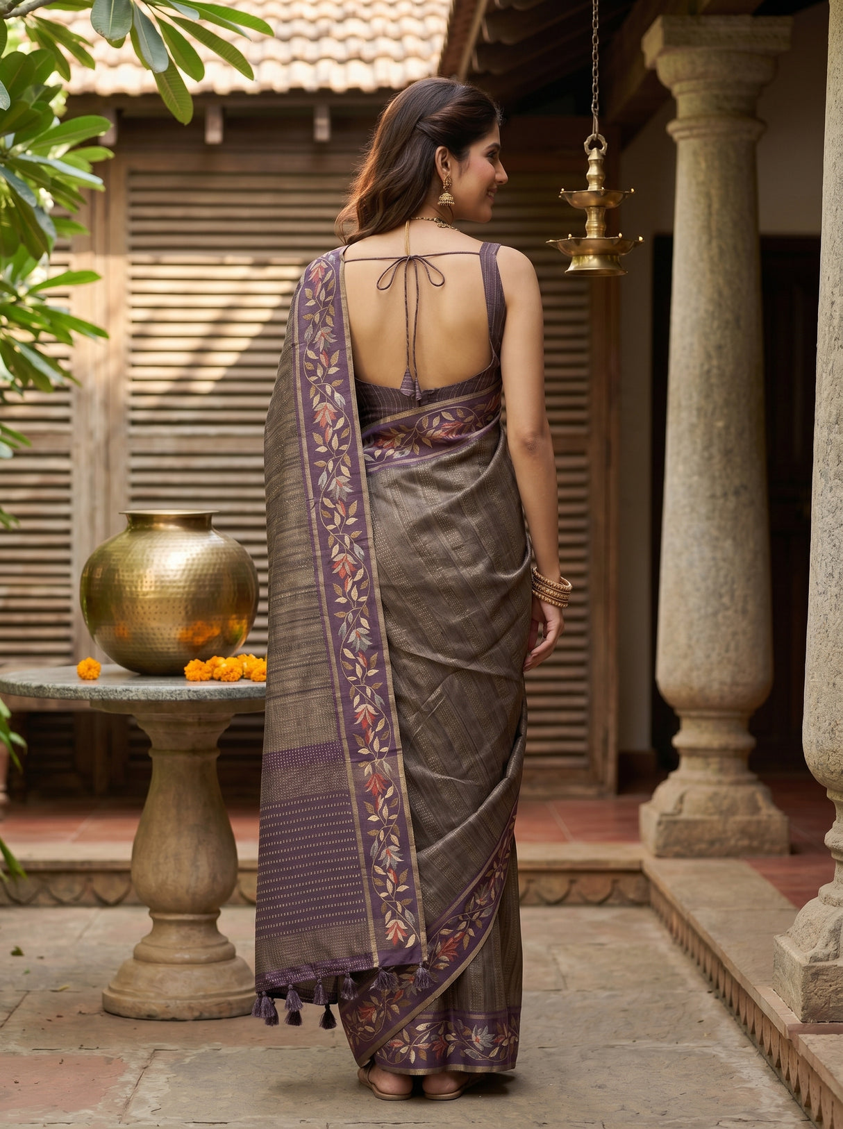MIMOSA Wine Banarasi Art Silk Saree — pose 2 styling detail