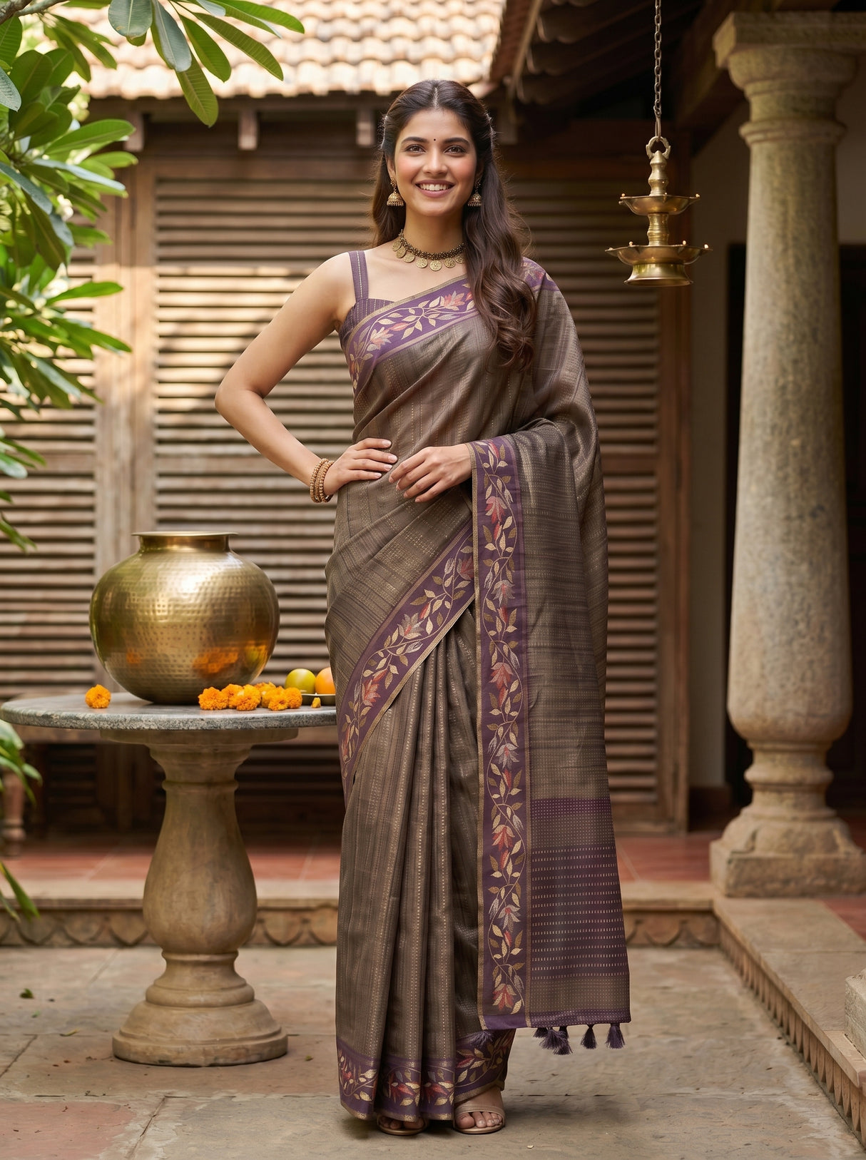 MIMOSA Wine Banarasi Art Silk Saree — pose 4 styling detail