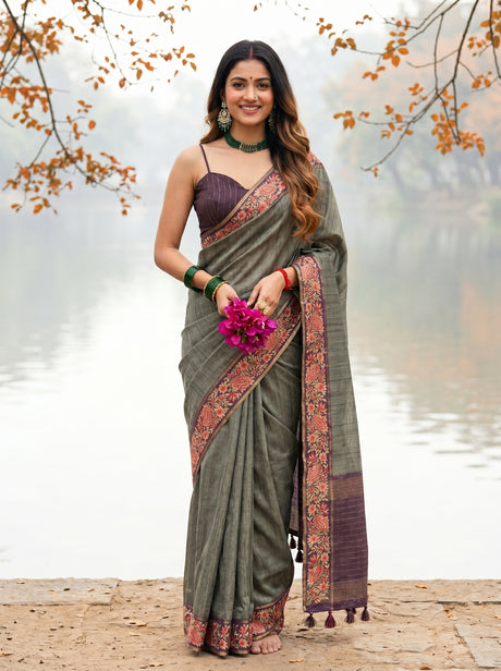 MIMOSA Bottle Green Banarasi Saree — front view on mannequin