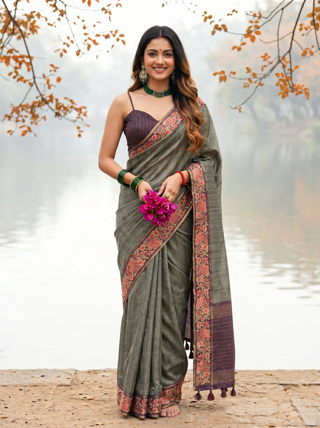 MIMOSA Bottle Green Banarasi Saree — front view on mannequin