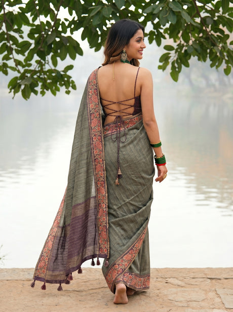MIMOSA Bottle Green Banarasi Saree — pose 2 styling detail