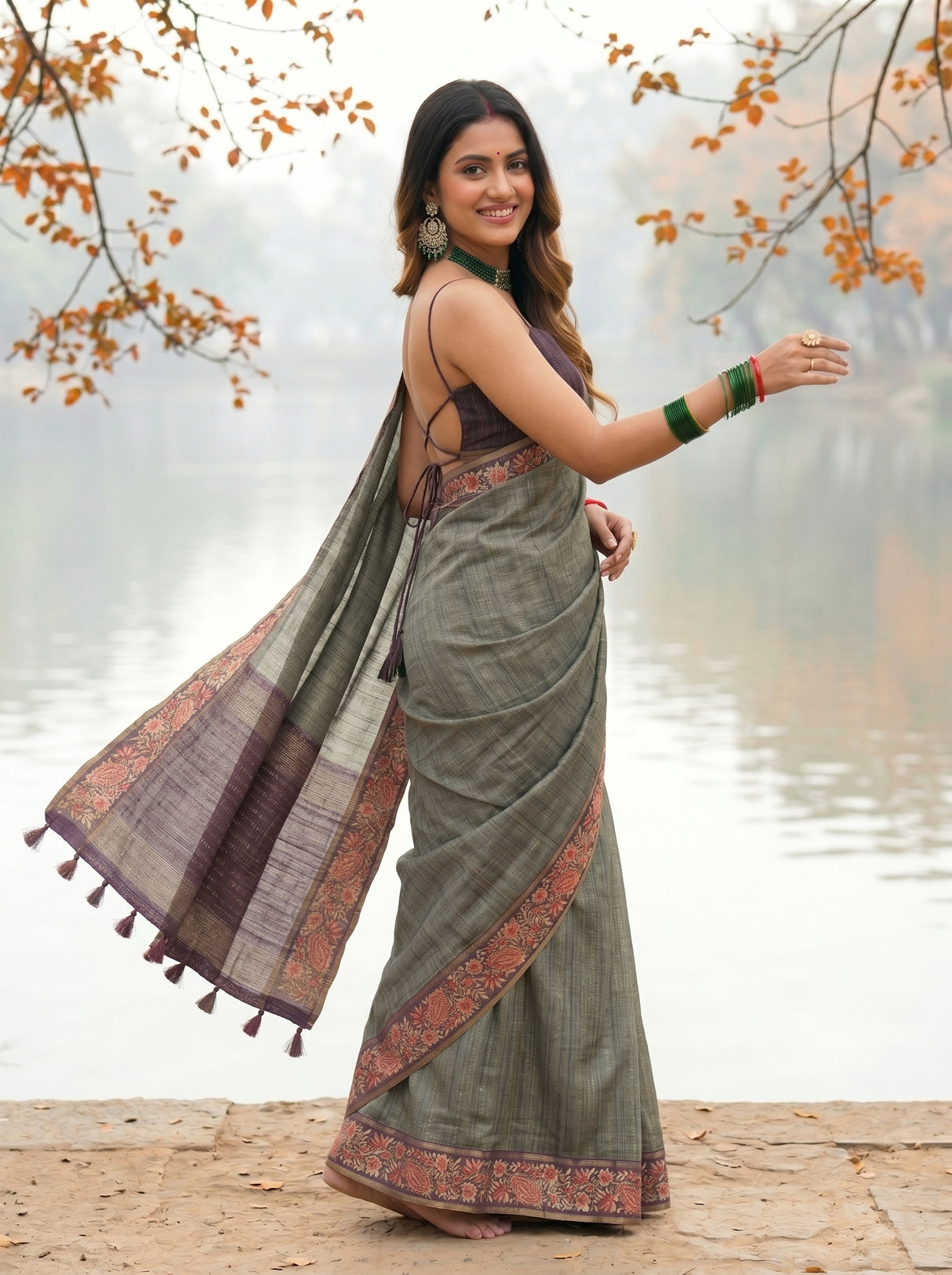 MIMOSA Bottle Green Banarasi Saree — pose 9 styling detail