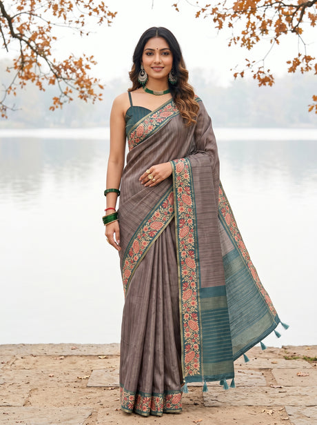 MIMOSA Blue Grey Banarasi Saree — front view on mannequin