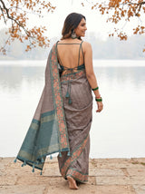 MIMOSA Blue Grey Banarasi Saree — pose 2 styling detail