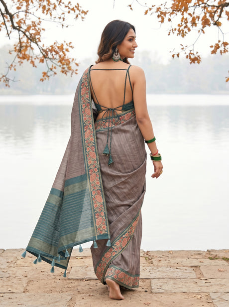 MIMOSA Blue Grey Banarasi Saree — pose 2 styling detail
