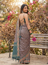 MIMOSA Blue Grey Banarasi Saree — pose 7 styling detail