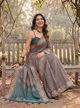 MIMOSA Blue Grey Banarasi Saree — pose 8 styling detail