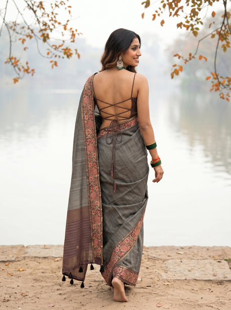MIMOSA Chocolate Banarasi Saree — pose 2 styling detail