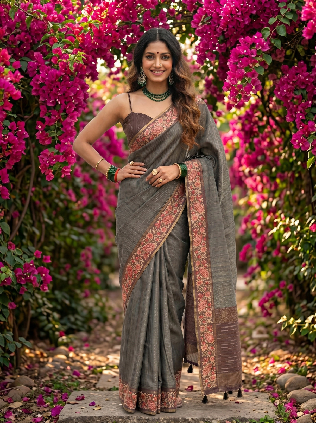 MIMOSA Chocolate Banarasi Saree — pose 4 styling detail