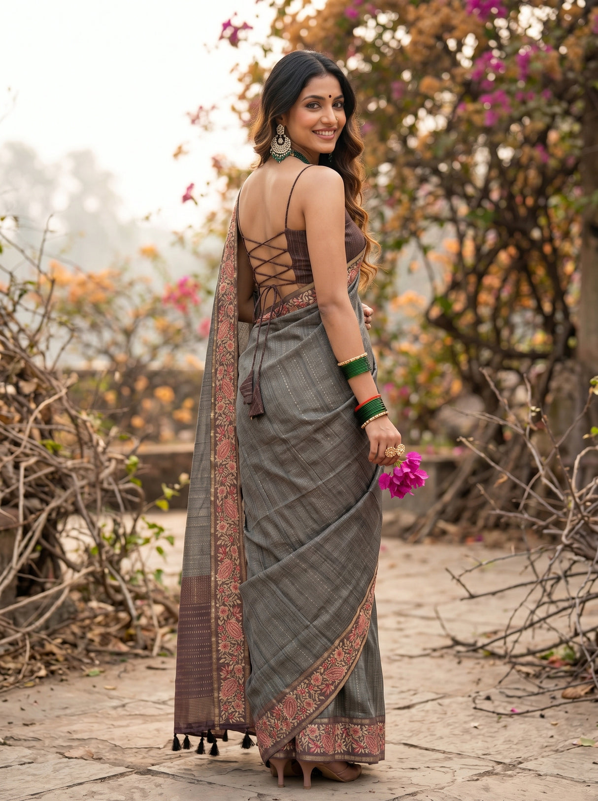 MIMOSA Chocolate Banarasi Saree — pose 7 styling detail