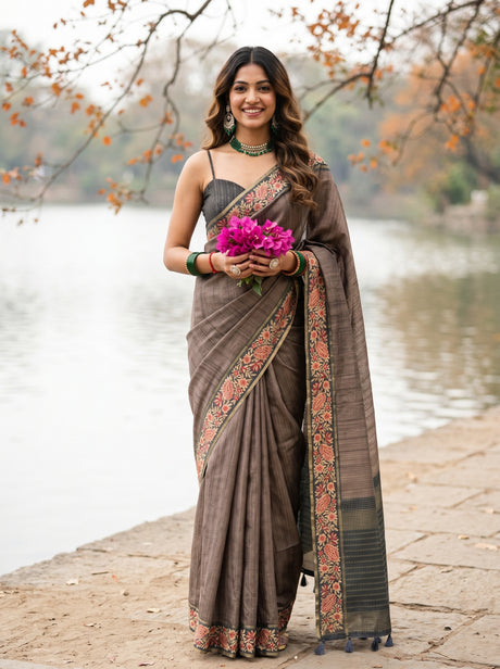 MIMOSA Grey Banarasi Saree — front view on mannequin