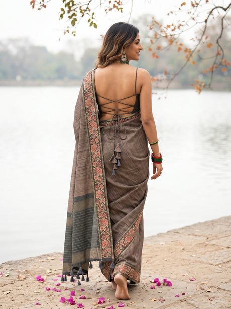 MIMOSA Grey Banarasi Saree — pose 2 styling detail