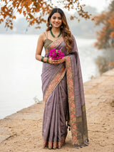 MIMOSA Olive Banarasi Saree — front view on mannequin