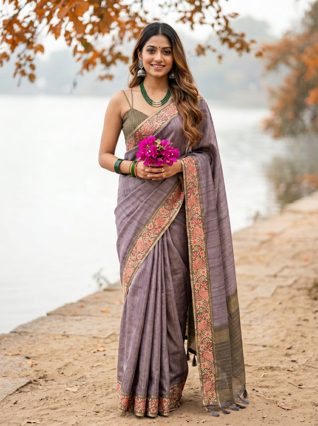 MIMOSA Olive Banarasi Saree — front view on mannequin