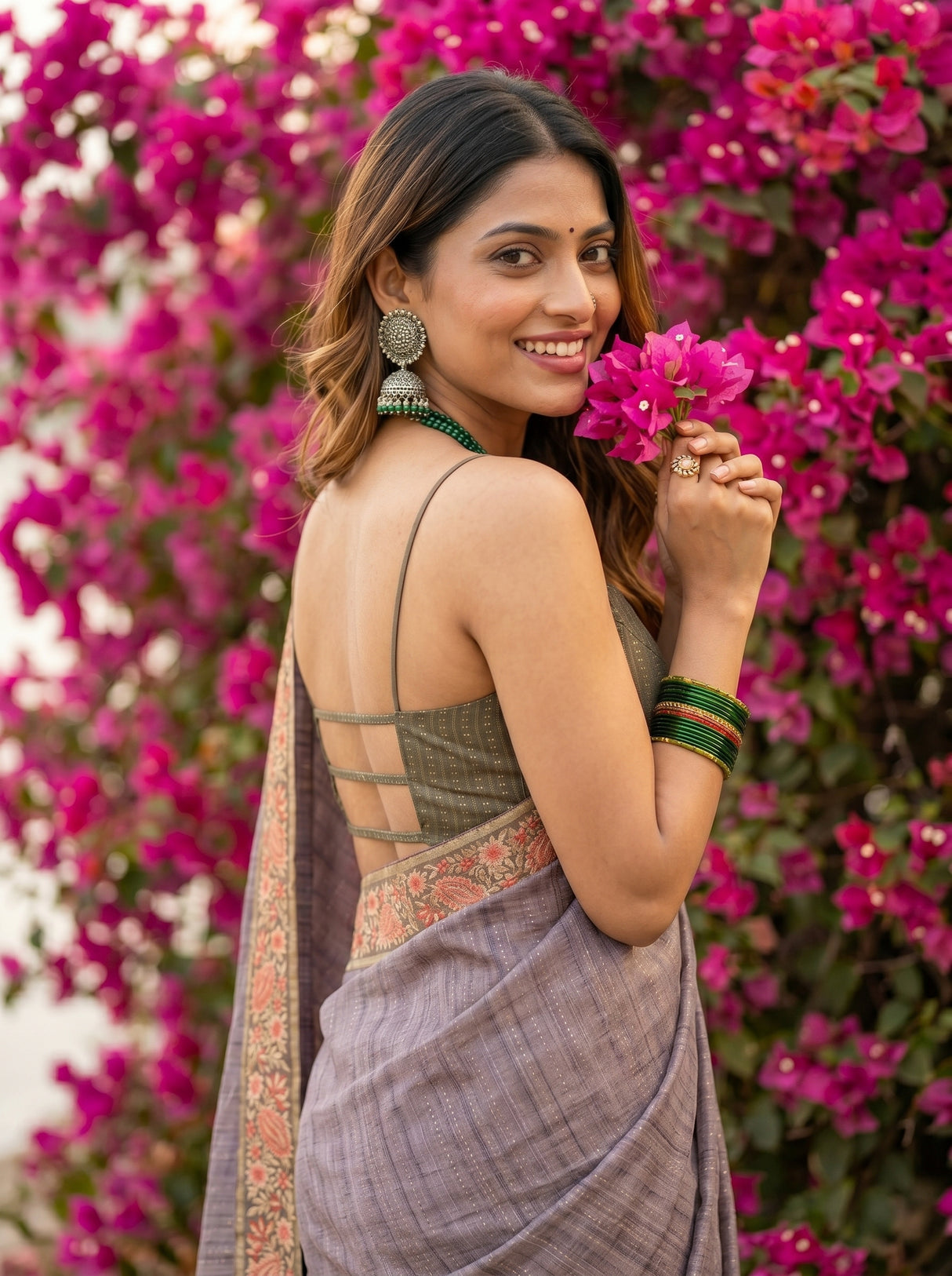 MIMOSA Olive Banarasi Saree — pose 10 styling detail