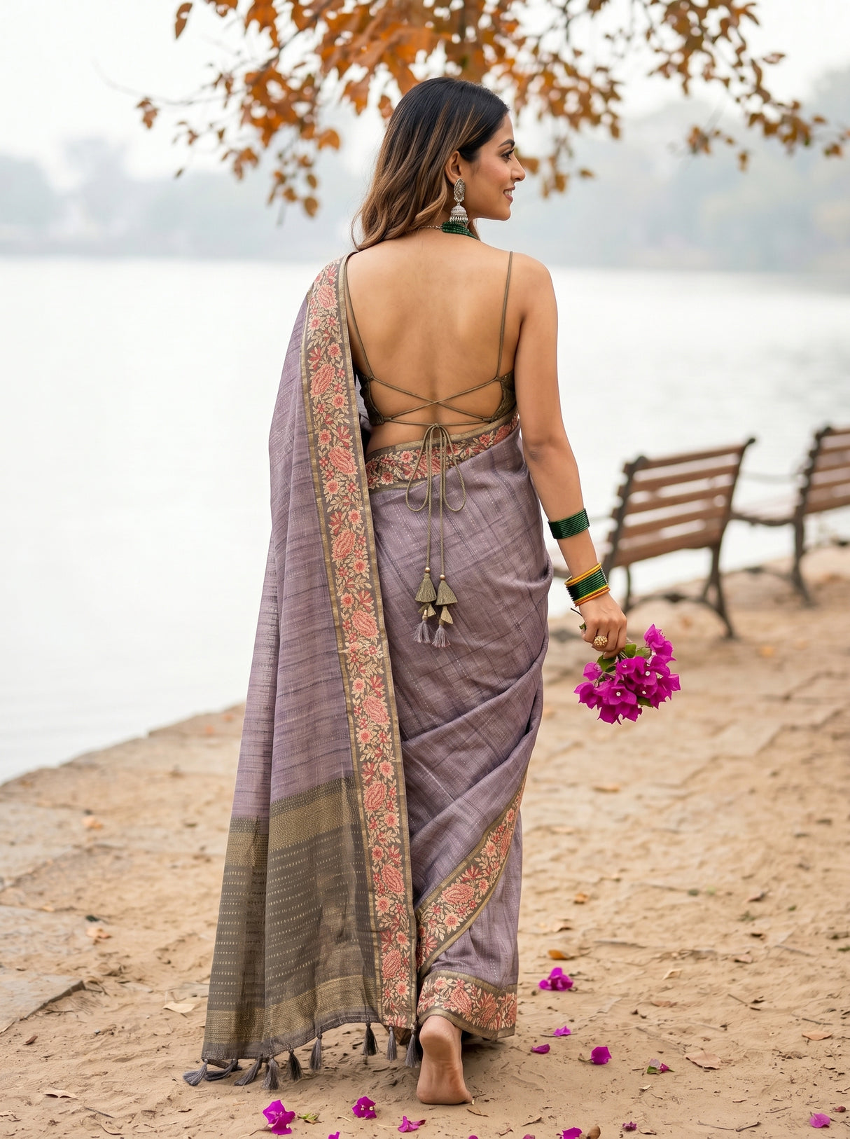 MIMOSA Olive Banarasi Saree — pose 2 styling detail