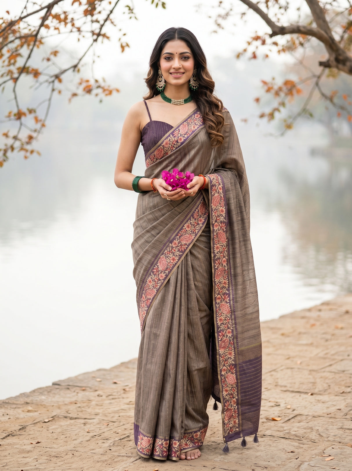 MIMOSA Wine Banarasi Saree — front view on mannequin