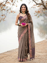 MIMOSA Wine Banarasi Saree — front view on mannequin